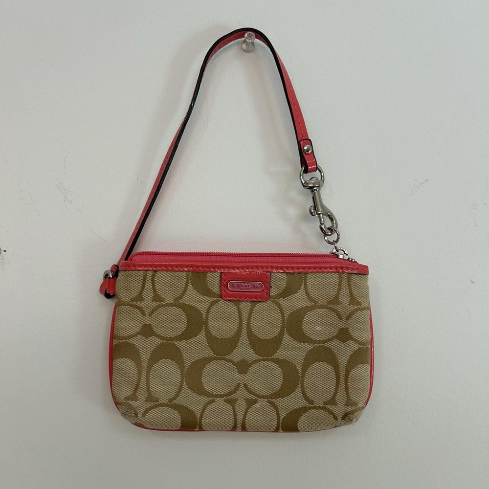 Vintage COACH Signature Canvas Wristlet Coral Pink Patent Leather - Authentic